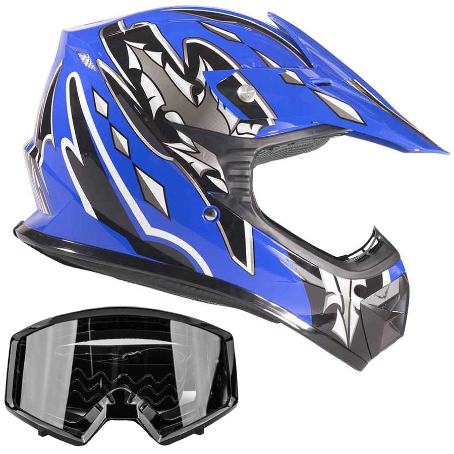 Youth Kids Blue Motocross ATV Dirtbike Helmet With Black Goggles ...