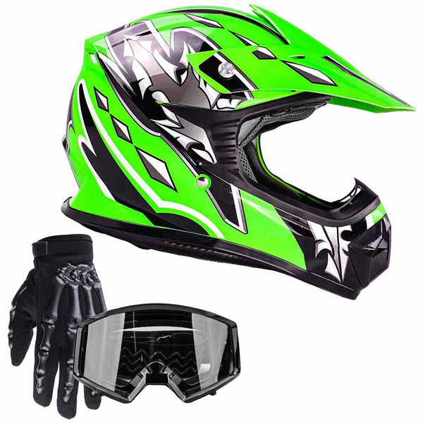 Green Youth Kids Motocross ATV Dirt Bike Helmet Black Gloves Goggles Typhoon Helmets