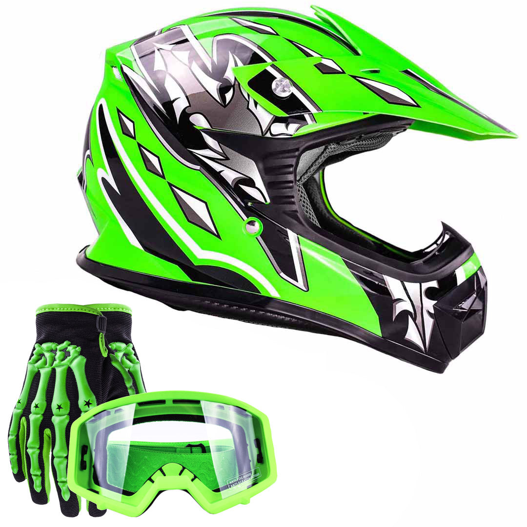 Green Youth Kids Motocross ATV Dirt Bike Helmet Green Gloves Goggles Typhoon Helmets