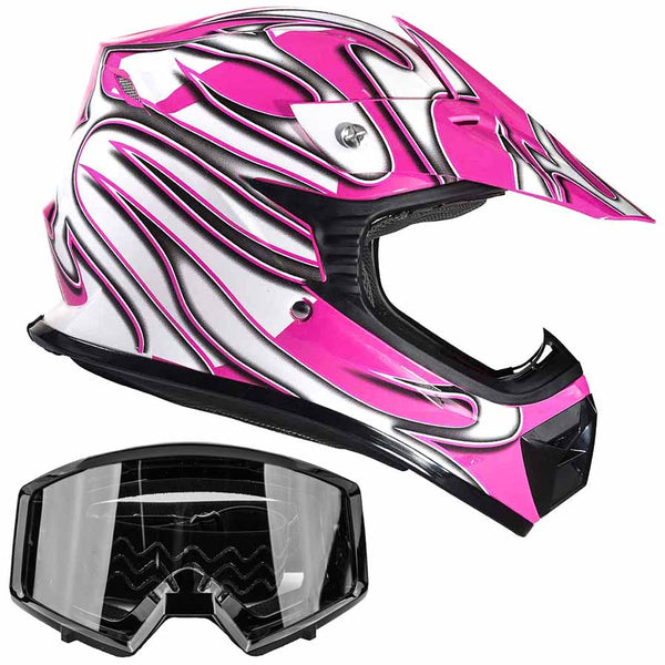 Youth Kids Pink Motocross ATV Dirtbike Helmet With Black Goggles