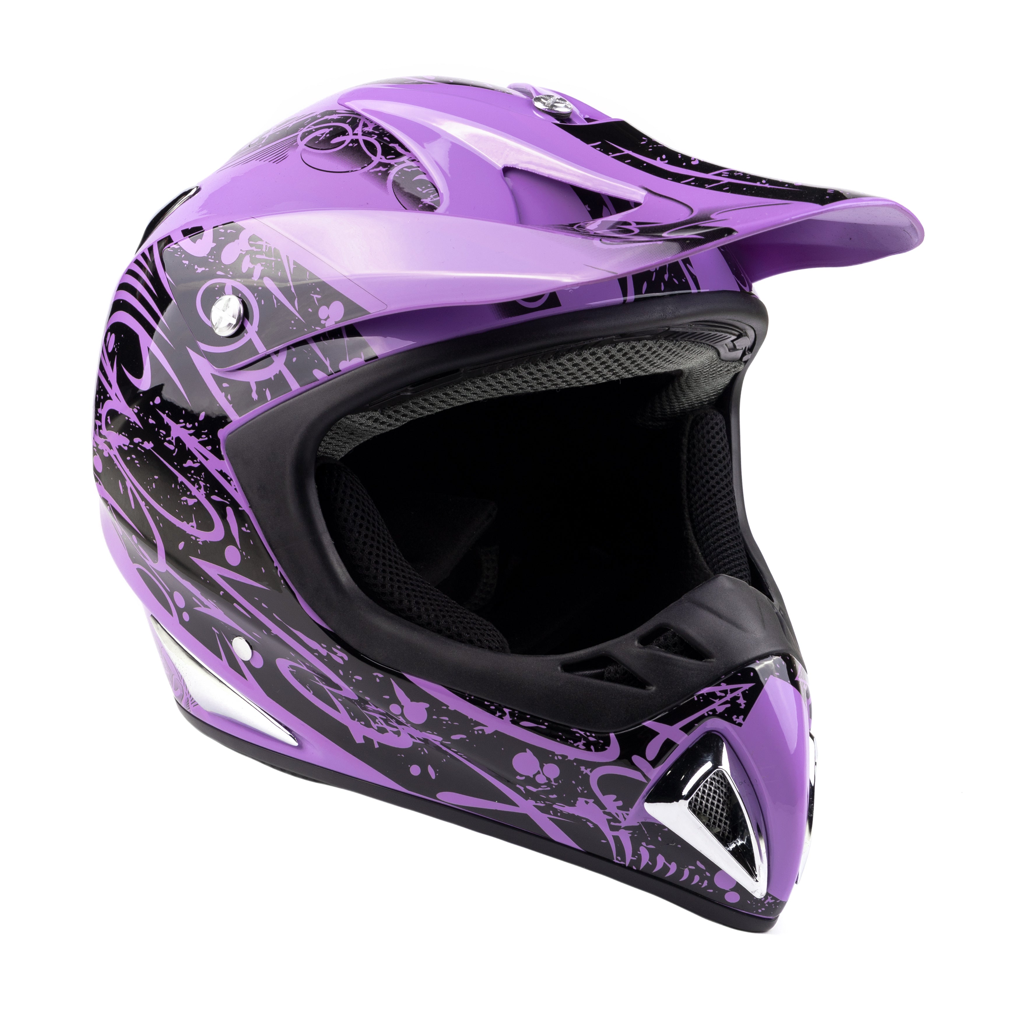 Purple Splatter Adult Motocross Helmet w/ Black Gloves & Goggles