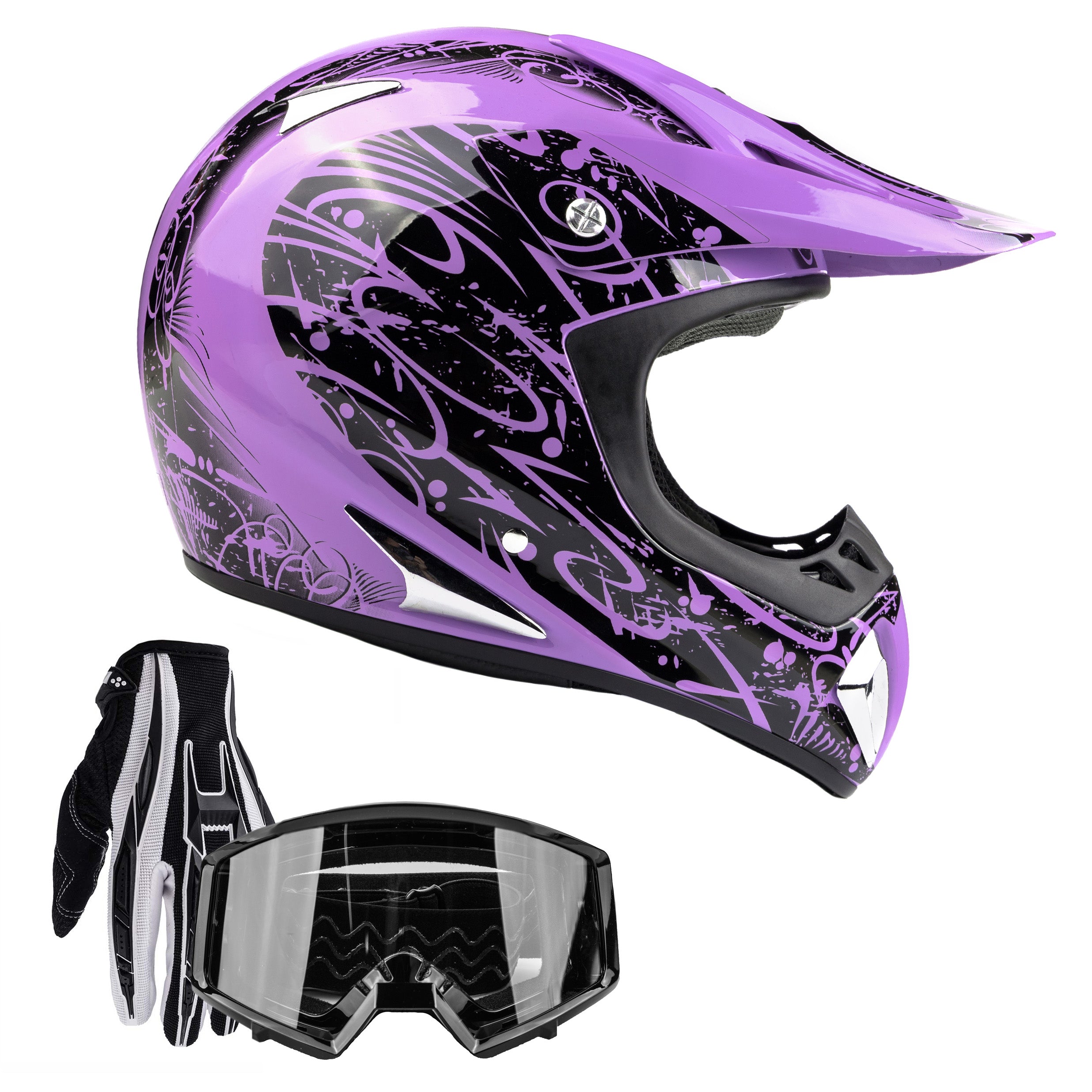 Adult Purple Splatter Helmet - Black Gloves & Goggles Combo